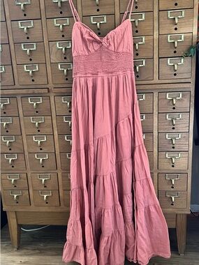 Free People Dusty Rose Tiered Maxi Dress Size Small with Smocked Bodice